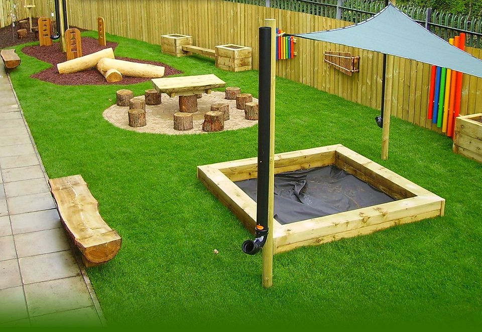 Nursery play area built with artificial lawn, log seating, raised planters, play equipment and a shade sail