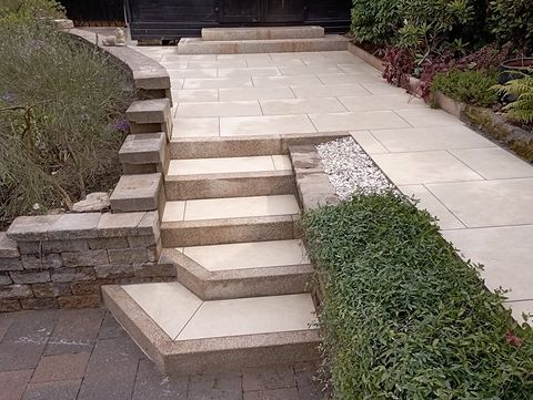 Large-format porcelain steps rising through a planted, sloping garden